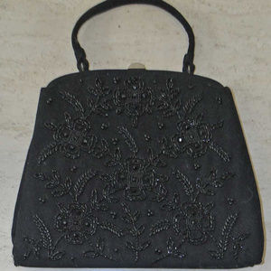 Vintage SOURE Black Wool Beaded Handbag ~~